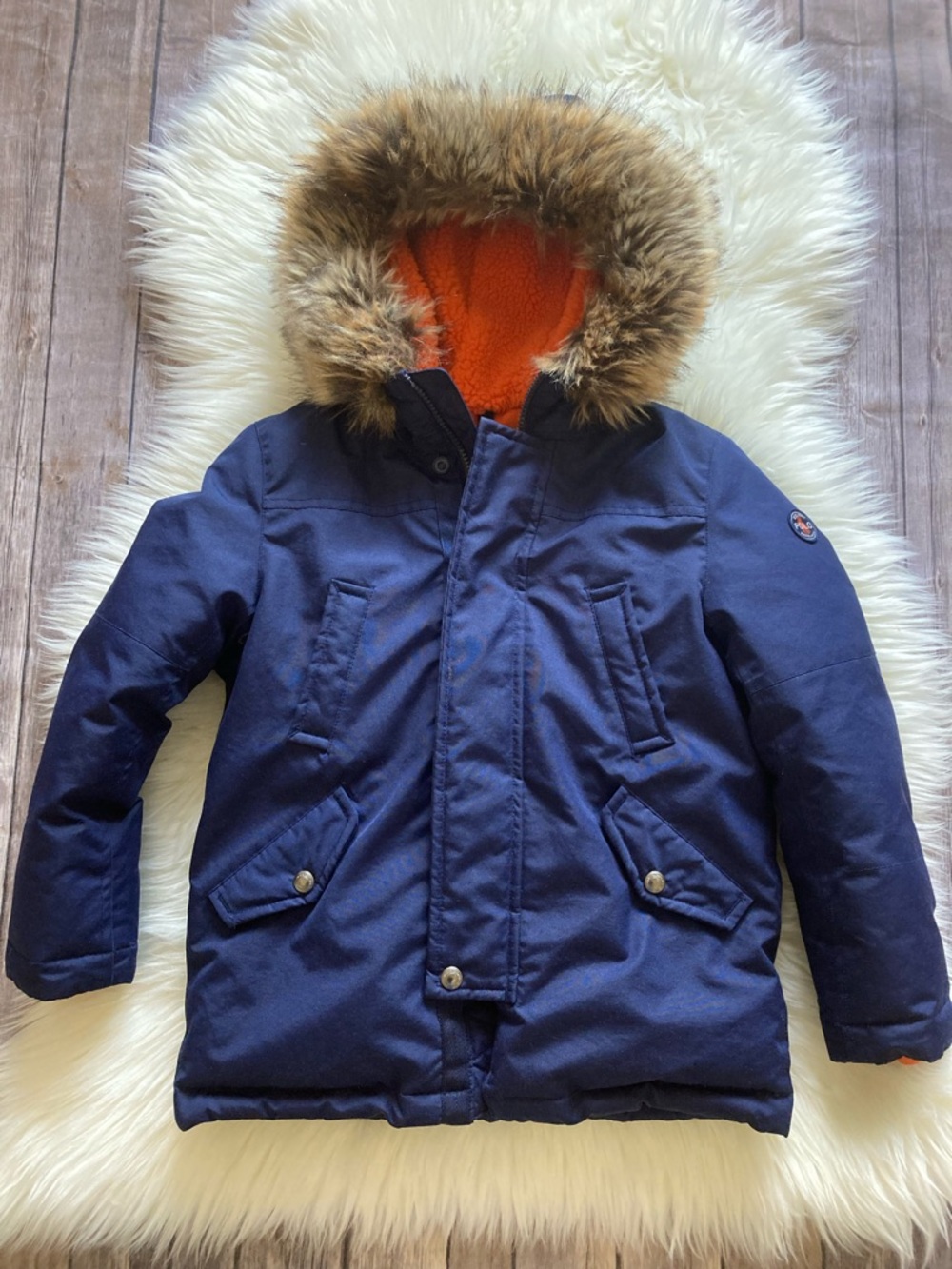 Polo by Ralph Lauren Duck Down  Parka Jacket Faux Fur Hood Navy Blue Boy Size 7